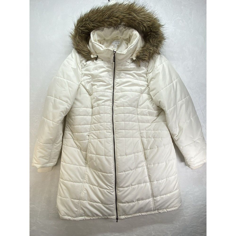 Susan Graver Water Resistant Quilted Puffer‎ Jacket with Hood Womens XL white